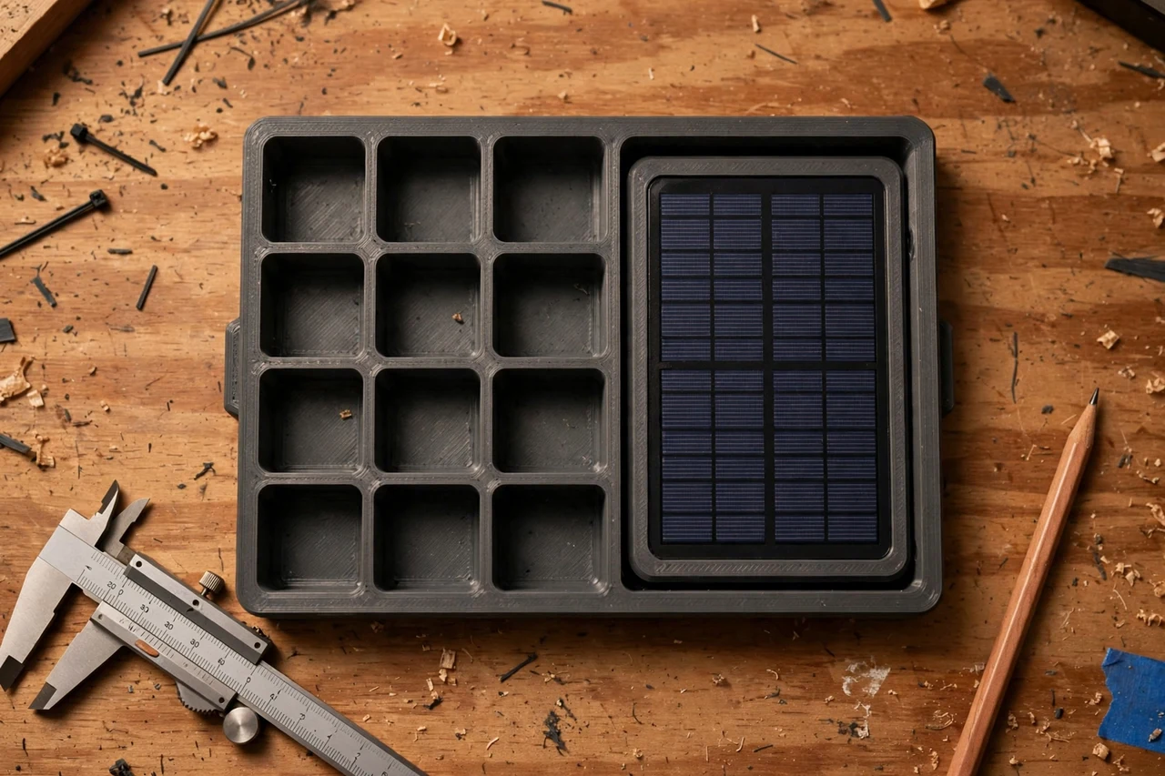 Close-up top-down view of a matte charcoal-gray 3D printed travel organizer insert being test-fitted against its matching solar product on a workbench, calipers and a pencil nearby, warm workshop lighting