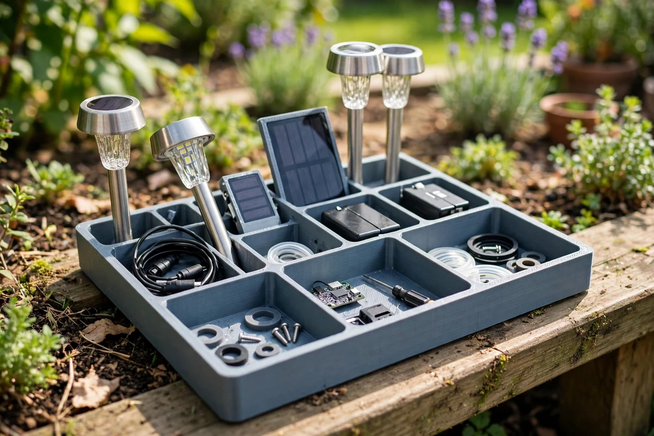 View of the finished 3D printed travel organizer insert in use on a garden solar lighting project, tidy garden background in soft focus, bright natural light