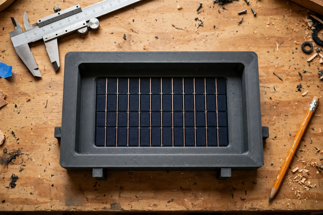 Close-up top-down view of a matte charcoal-gray 3D printed windowsill stand being test-fitted against its matching solar product on a workbench, calipers and a pencil nearby, warm workshop lighting