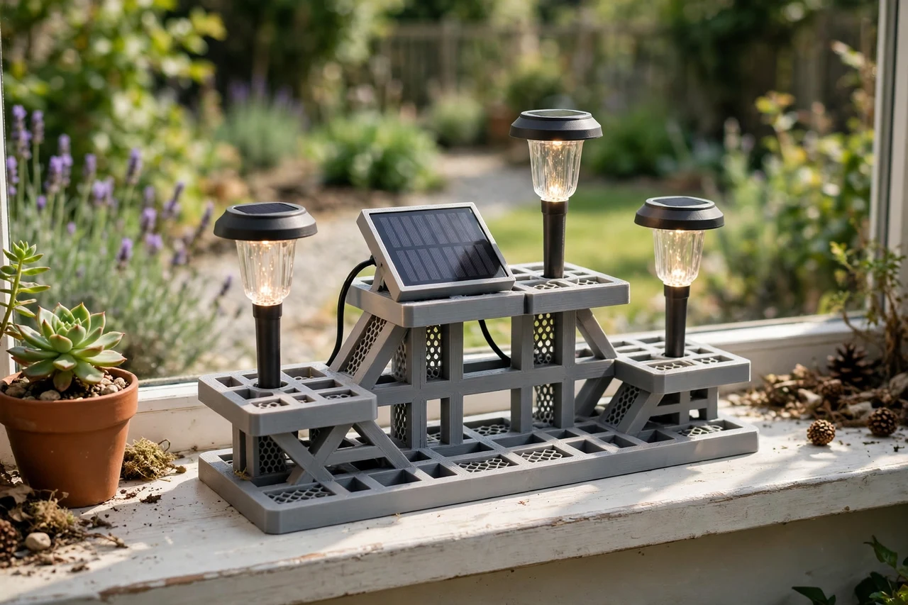View of the finished 3D printed windowsill stand in use on a garden solar lighting project, tidy garden background in soft focus, bright natural light
