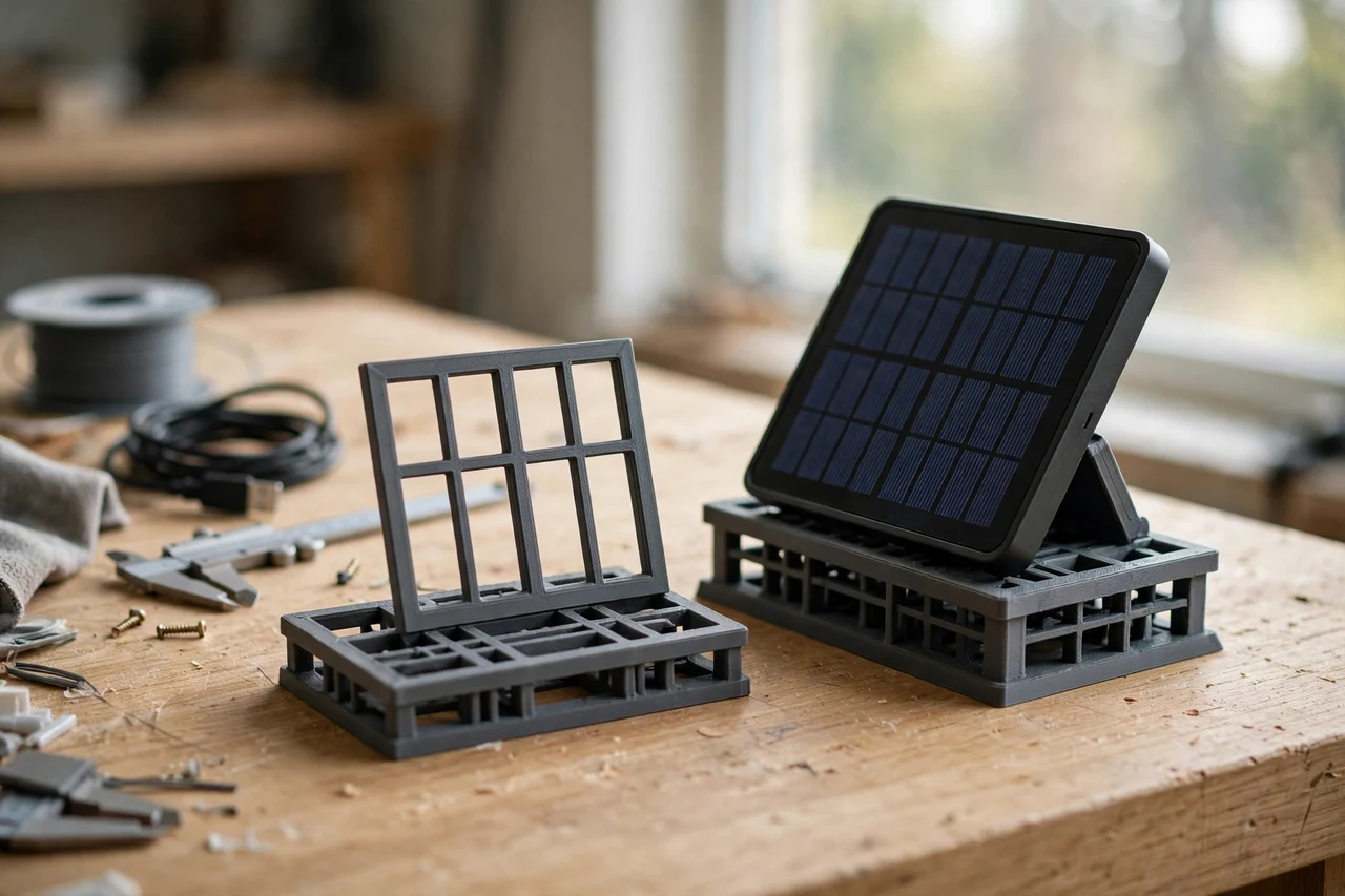 Home workshop scene on a light oak workbench, a matte charcoal-gray 3D printed windowsill stand beside a small solar charger tilted on a printed windowsill stand, soft natural window light, shallow depth of field