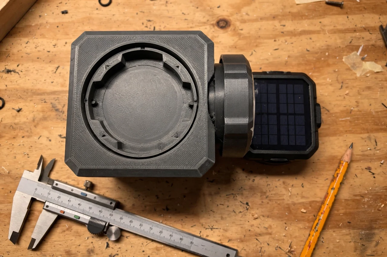 Close-up top-down view of a matte charcoal-gray 3D printed deck post cap light seat being test-fitted against its matching solar product on a workbench, calipers and a pencil nearby, warm workshop lighting