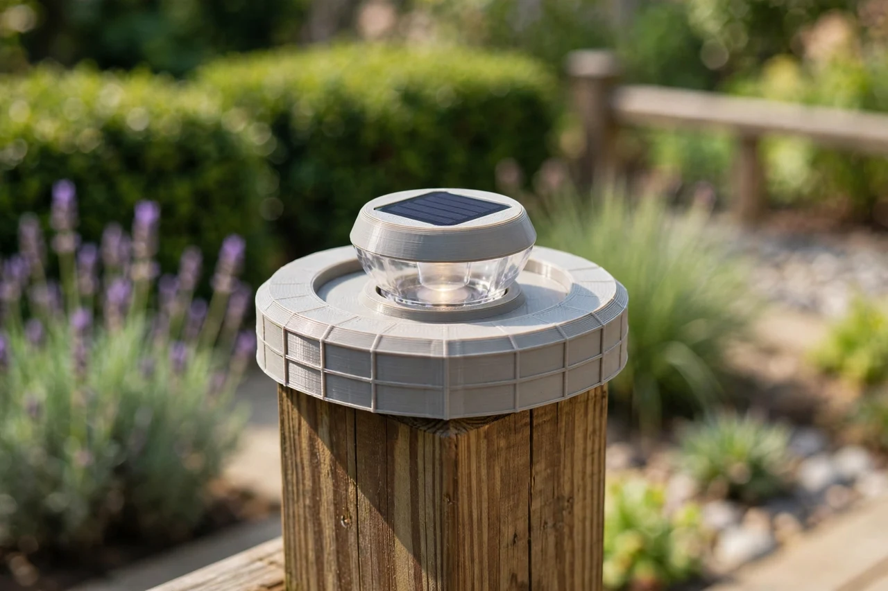 View of the finished 3D printed deck post cap light seat in use on a garden solar lighting project, tidy garden background in soft focus, bright natural light