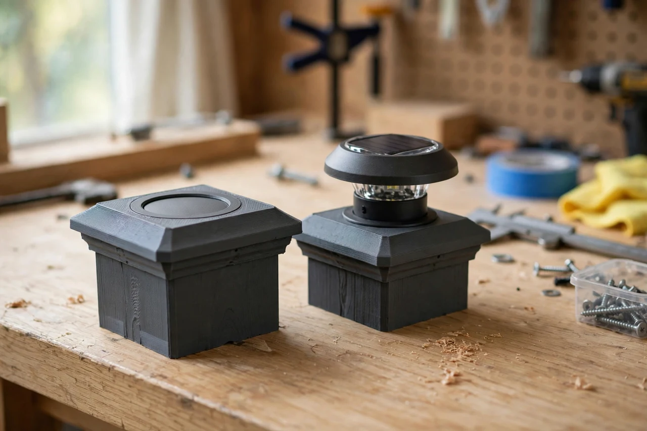 Home workshop scene on a light oak workbench, a matte charcoal-gray 3D printed deck post cap light seat beside a solar light seated on a printed deck post cap seat, soft natural window light, shallow depth of field