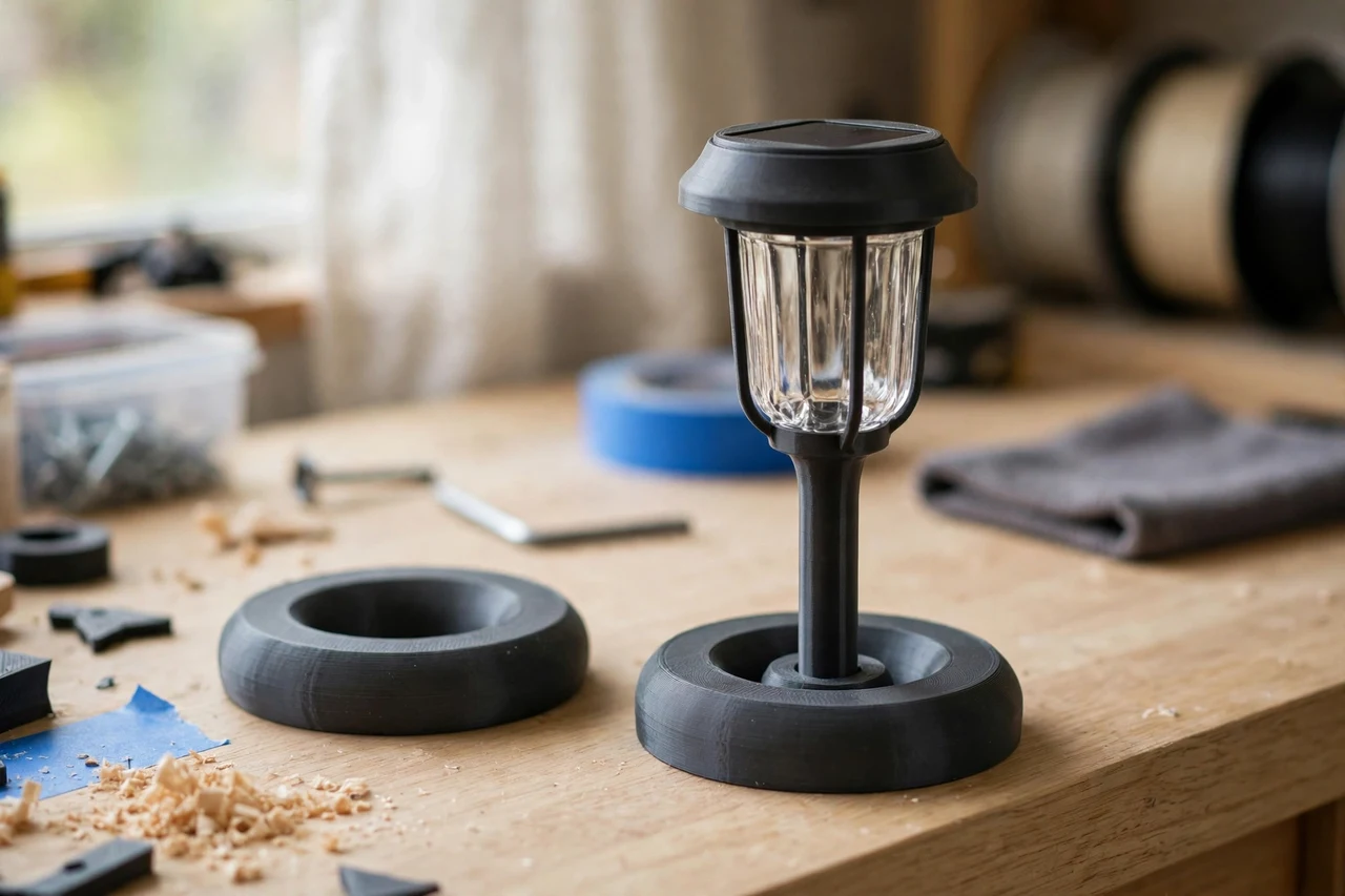 Home workshop scene on a light oak workbench, a matte charcoal-gray 3D printed base weight ring beside a solar garden light steadied by a printed base weight ring, soft natural window light, shallow depth of field