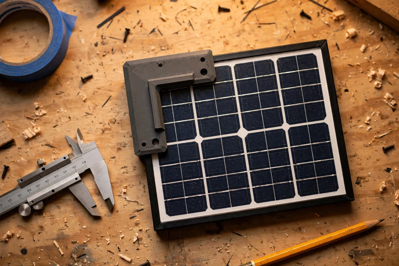 Close-up top-down view of a matte charcoal-gray 3D printed corner bracket being test-fitted against its matching solar product on a workbench, calipers and a pencil nearby, warm workshop lighting