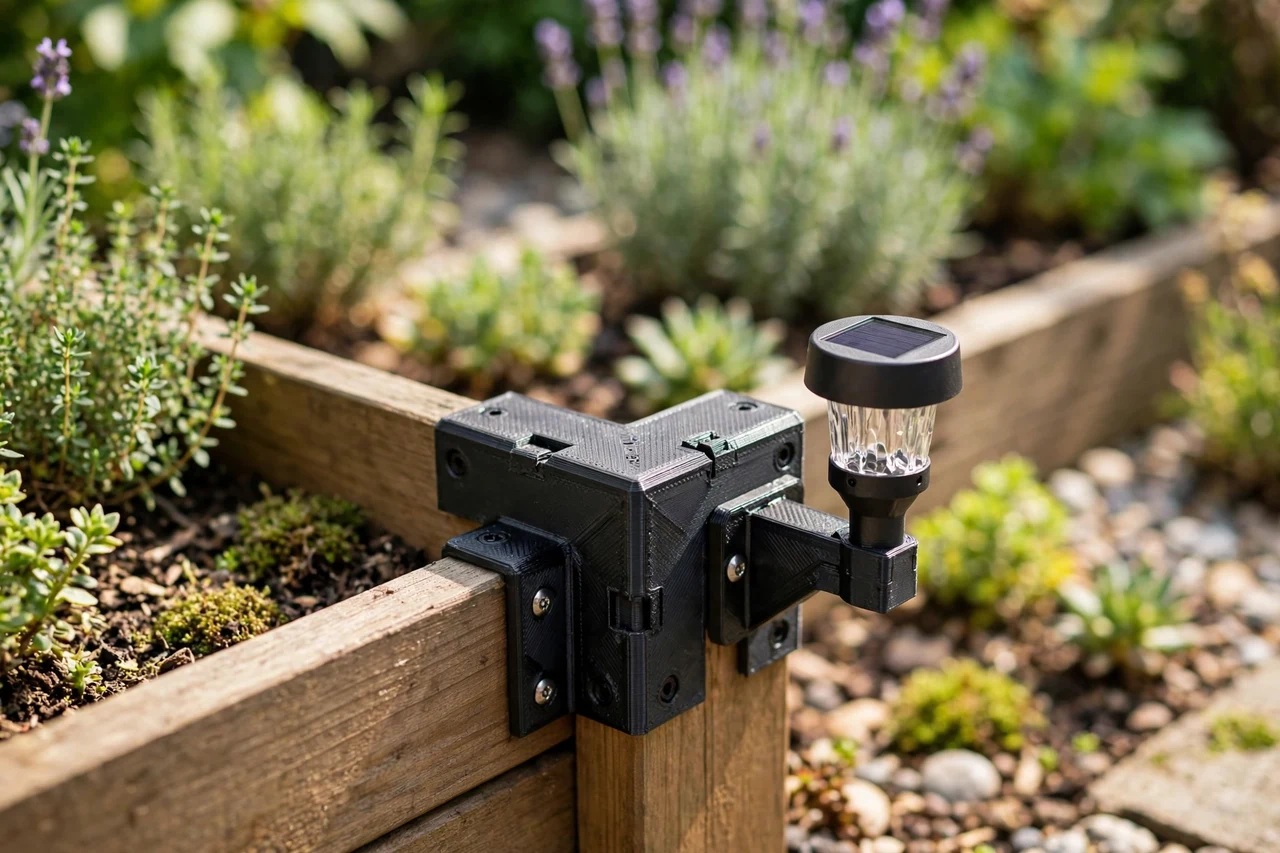 View of the finished 3D printed corner bracket in use on a garden solar lighting project, tidy garden background in soft focus, bright natural light