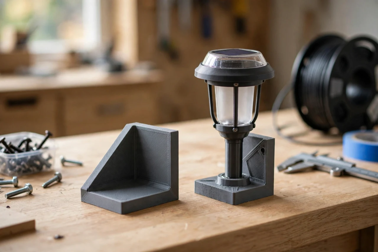 Home workshop scene on a light oak workbench, a matte charcoal-gray 3D printed corner bracket beside a solar garden light mounted on a printed corner bracket, soft natural window light, shallow depth of field
