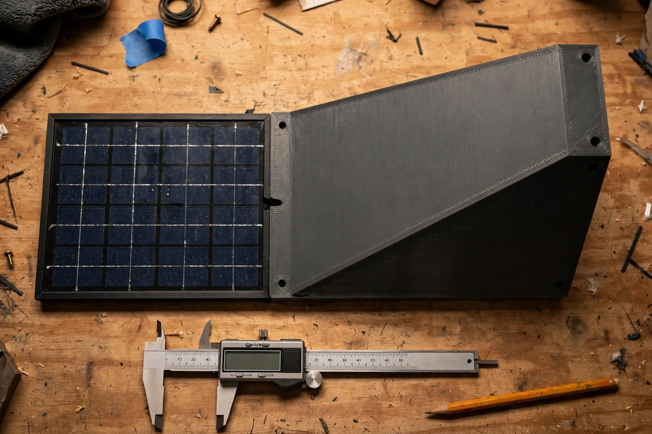 Close-up top-down view of a matte charcoal-gray 3D printed panel tilt wedge being test-fitted against its matching solar product on a workbench, calipers and a pencil nearby, warm workshop lighting