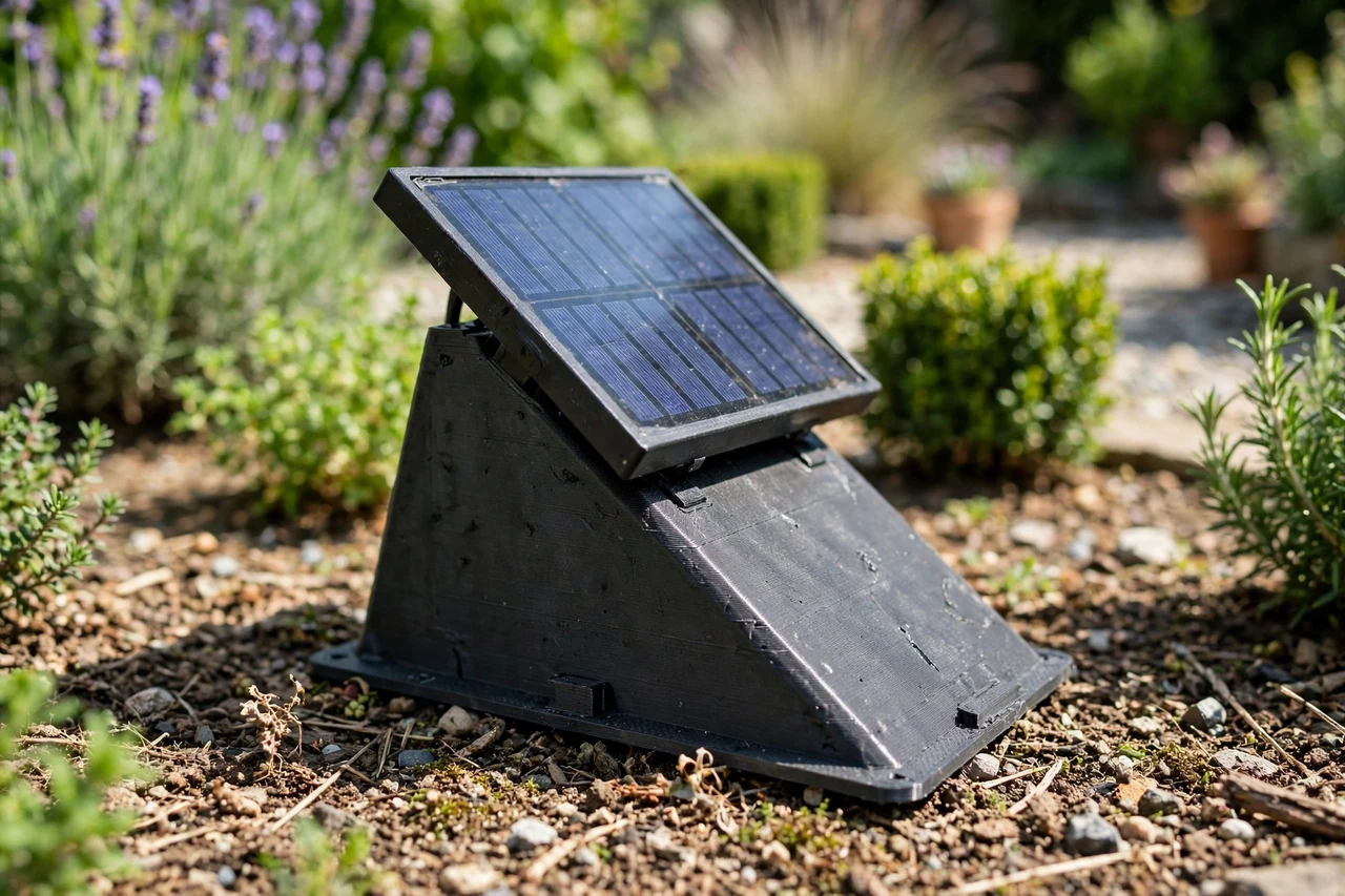 View of the finished 3D printed panel tilt wedge in use on a garden solar lighting project, tidy garden background in soft focus, bright natural light