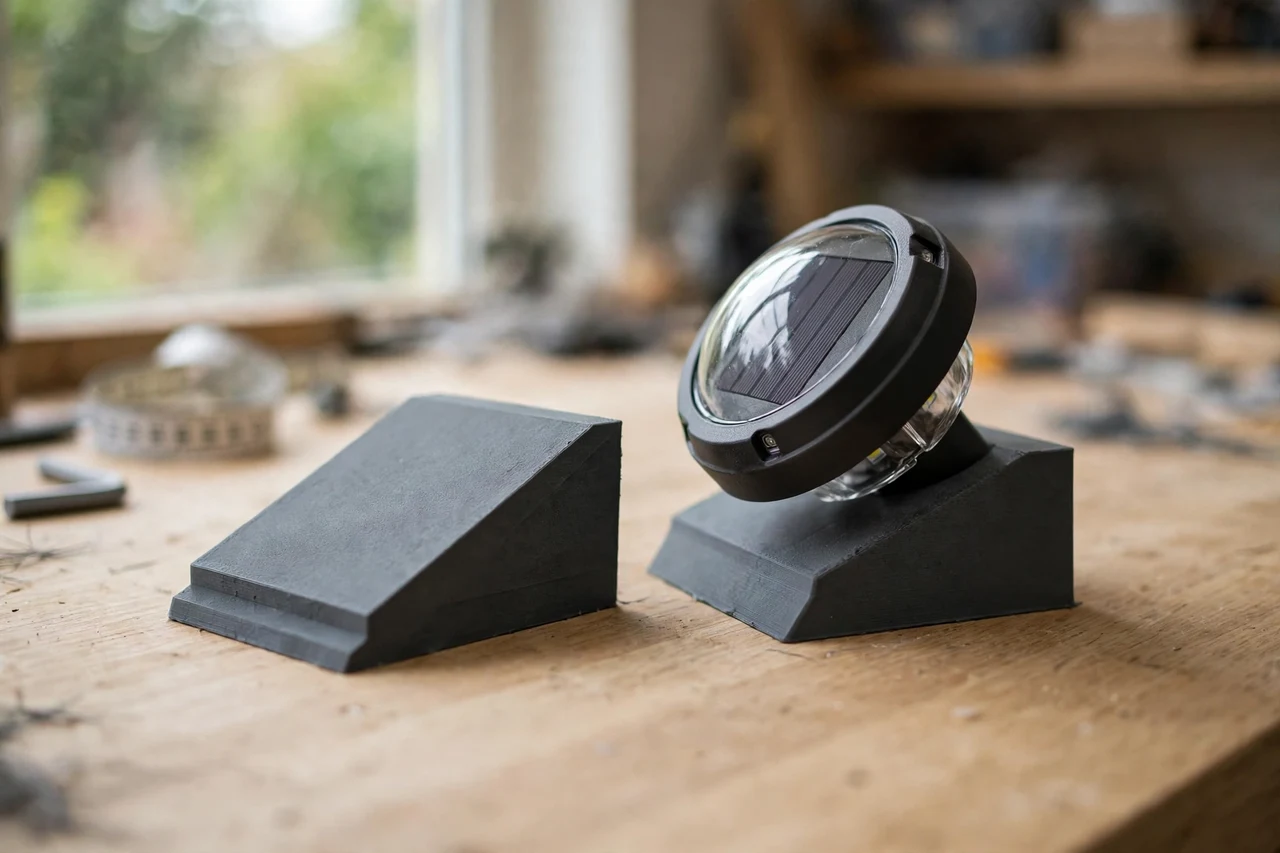 Home workshop scene on a light oak workbench, a matte charcoal-gray 3D printed panel tilt wedge beside a solar garden light head tilted on a printed wedge, soft natural window light, shallow depth of field