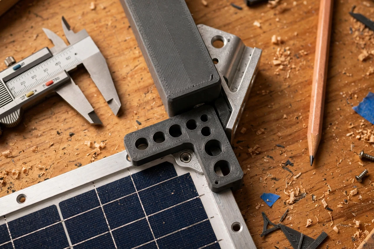 Close-up top-down view of a matte charcoal-gray 3D printed pilot hole guide being test-fitted against its matching solar product on a workbench, calipers and a pencil nearby, warm workshop lighting