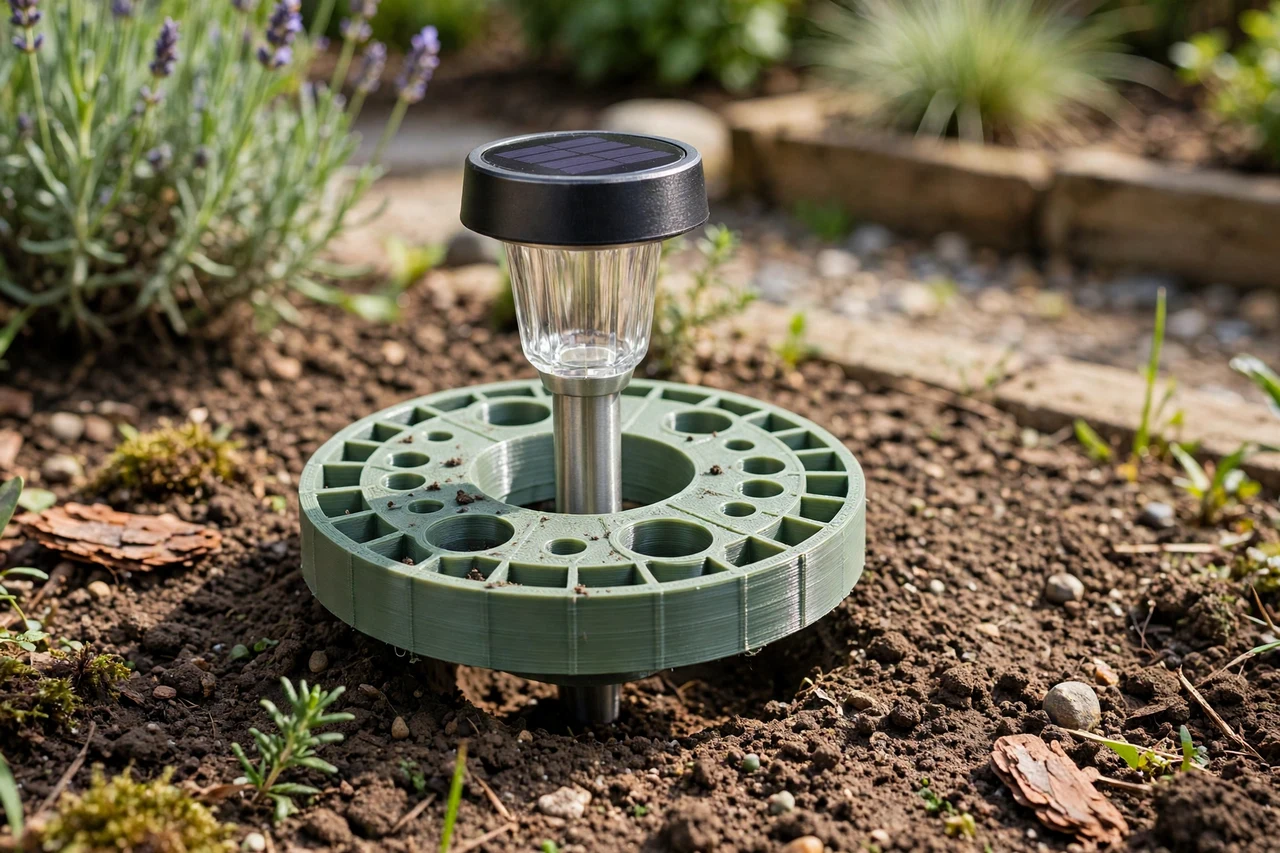 View of the finished 3D printed pilot hole guide in use on a garden solar lighting project, tidy garden background in soft focus, bright natural light