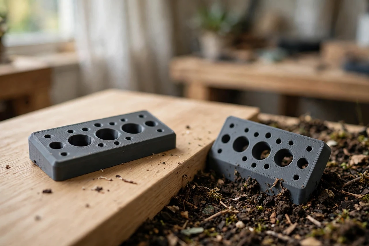 Home workshop scene on a light oak workbench, a matte charcoal-gray 3D printed pilot hole guide beside a printed pilot hole guide pressed into garden soil, soft natural window light, shallow depth of field