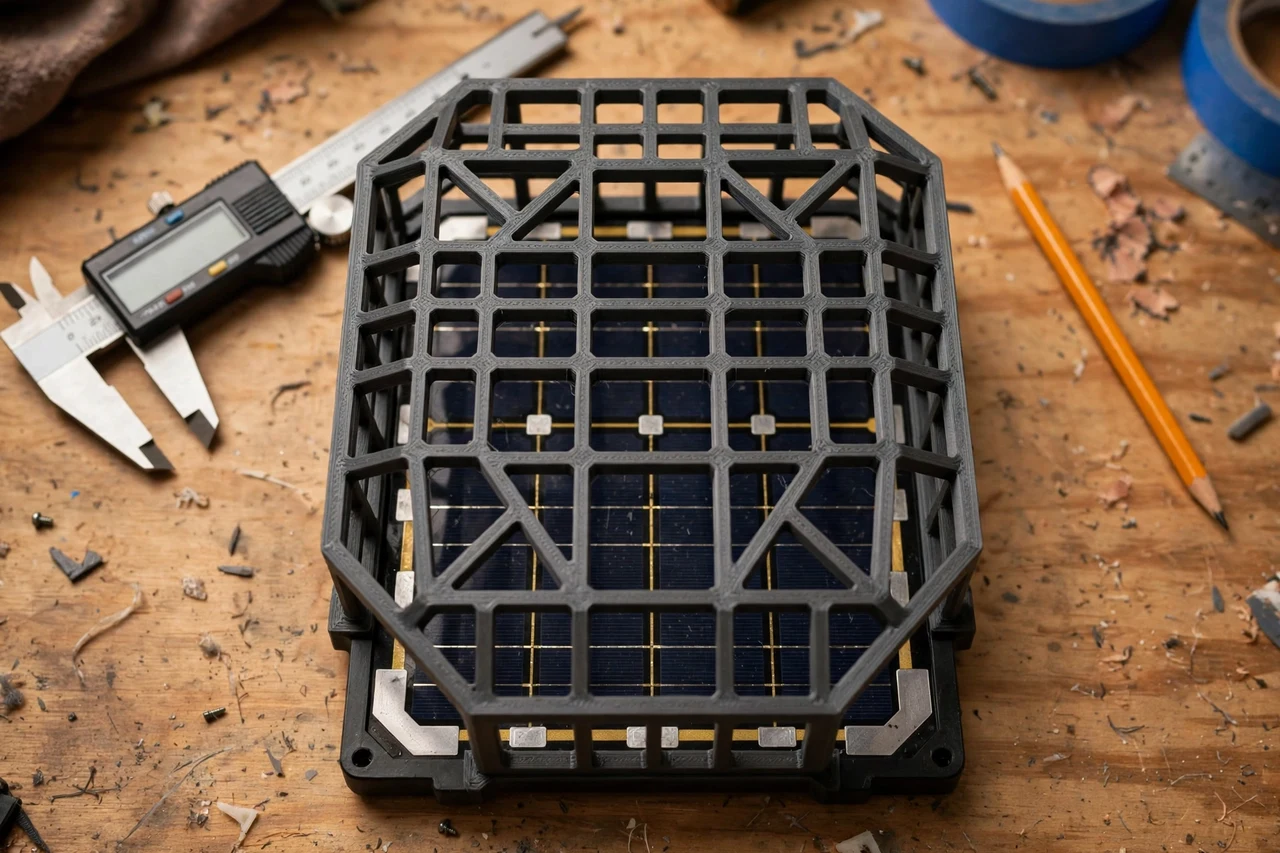Close-up top-down view of a matte charcoal-gray 3D printed protective cage being test-fitted against its matching solar product on a workbench, calipers and a pencil nearby, warm workshop lighting