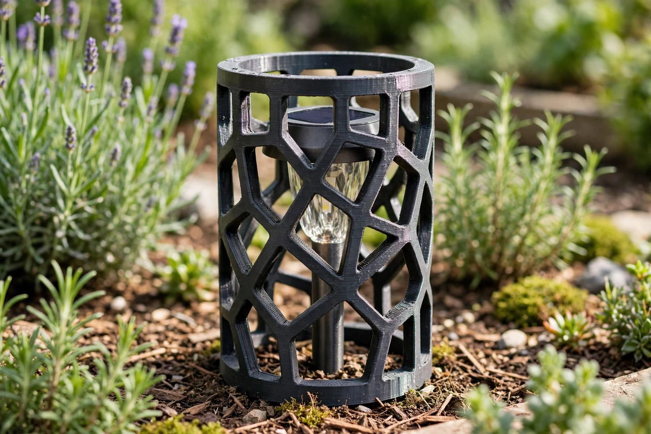 View of the finished 3D printed protective cage in use on a garden solar lighting project, tidy garden background in soft focus, bright natural light