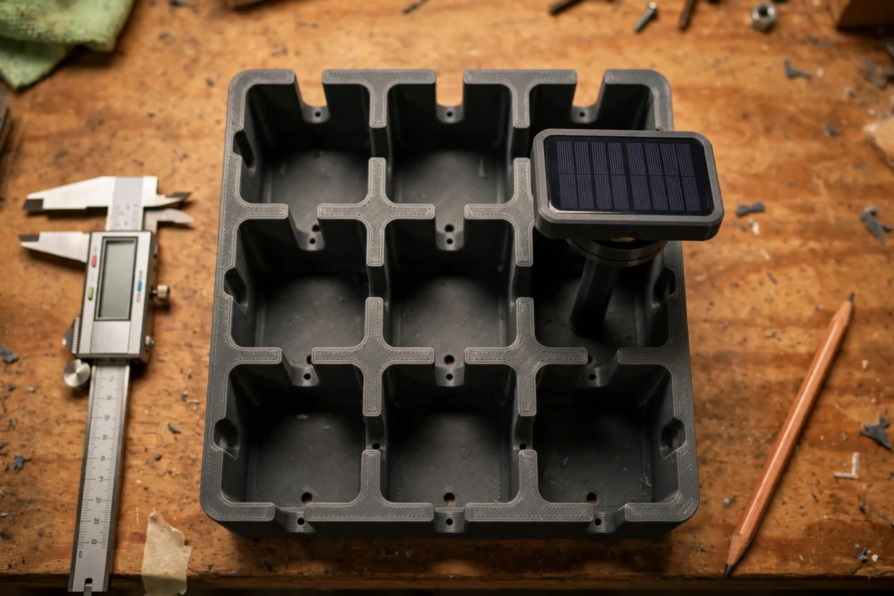 Close-up top-down view of a matte charcoal-gray 3D printed stake caddy being test-fitted against its matching solar product on a workbench, calipers and a pencil nearby, warm workshop lighting