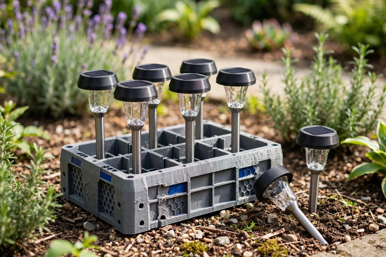 View of the finished 3D printed stake caddy in use on a garden solar lighting project, tidy garden background in soft focus, bright natural light