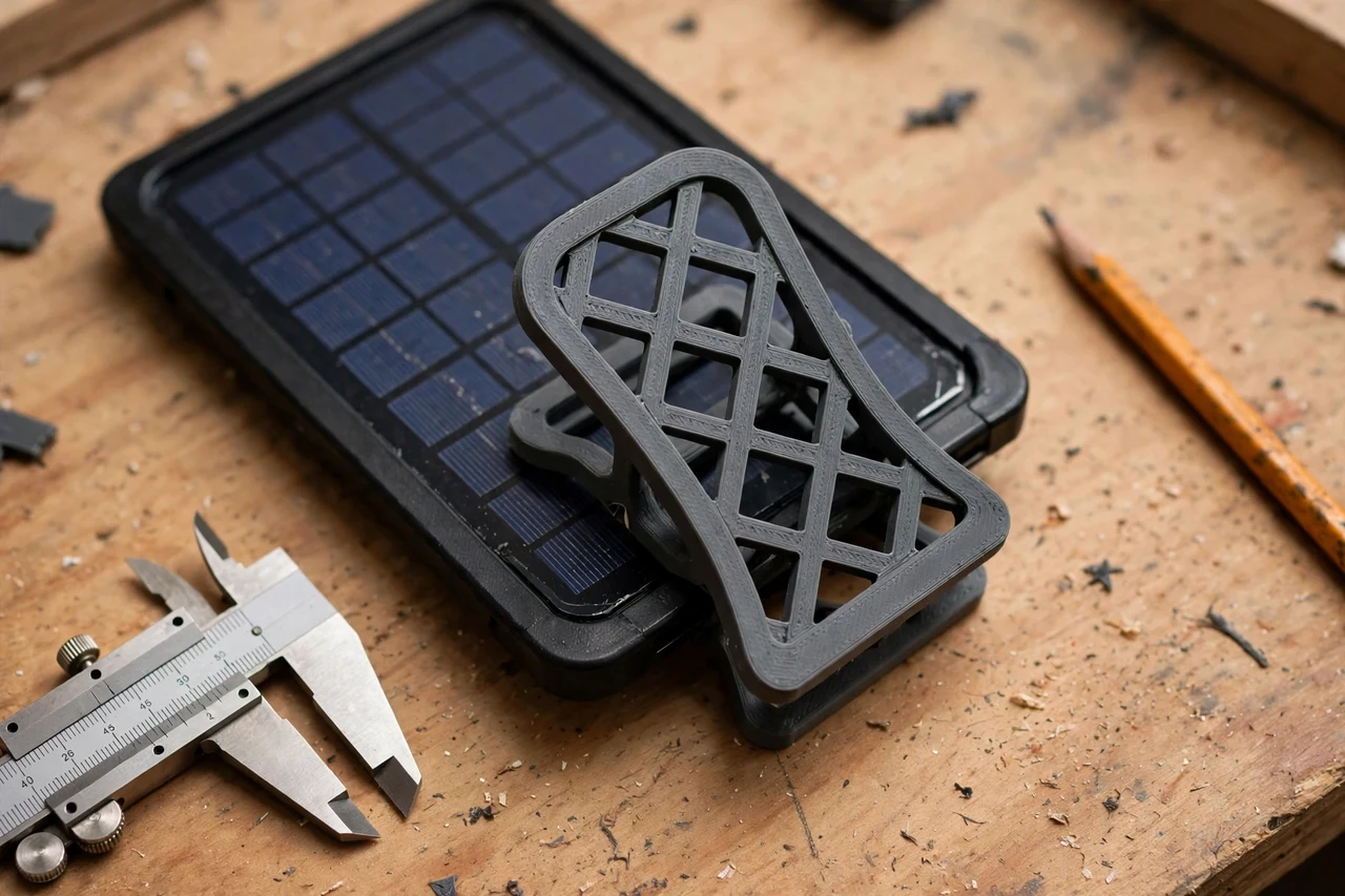 Close-up top-down view of a matte charcoal-gray 3D printed trellis clip being test-fitted against its matching solar product on a workbench, calipers and a pencil nearby, warm workshop lighting