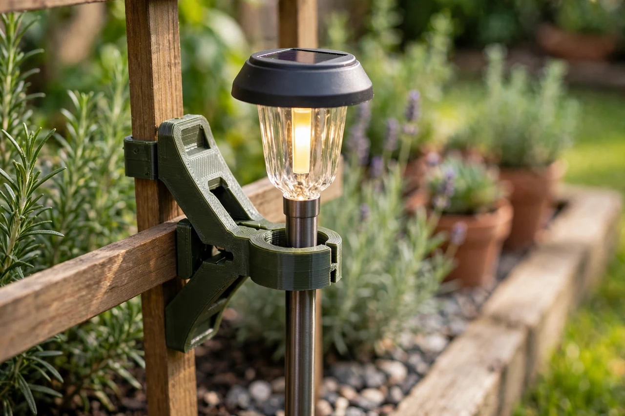 View of the finished 3D printed trellis clip in use on a garden solar lighting project, tidy garden background in soft focus, bright natural light