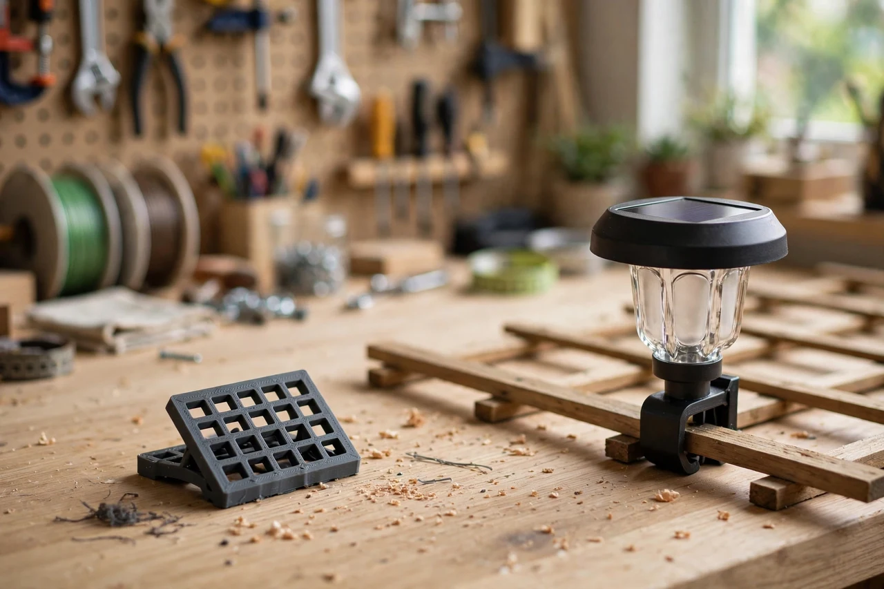 Home workshop scene on a light oak workbench, a matte charcoal-gray 3D printed trellis clip beside a solar garden light clipped to a garden trellis slat, soft natural window light, shallow depth of field