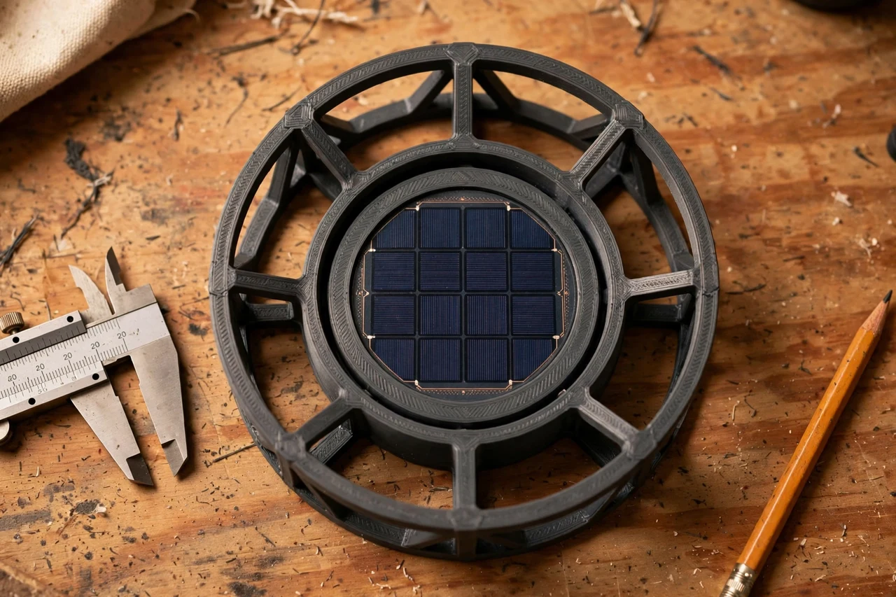 Close-up top-down view of a matte charcoal-gray 3D printed wind brace ring being test-fitted against its matching solar product on a workbench, calipers and a pencil nearby, warm workshop lighting
