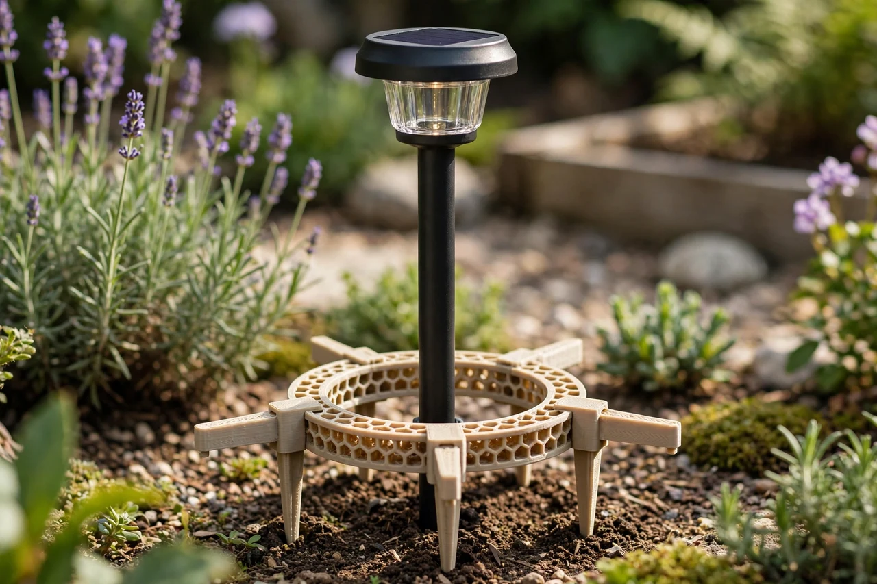 View of the finished 3D printed wind brace ring in use on a garden solar lighting project, tidy garden background in soft focus, bright natural light