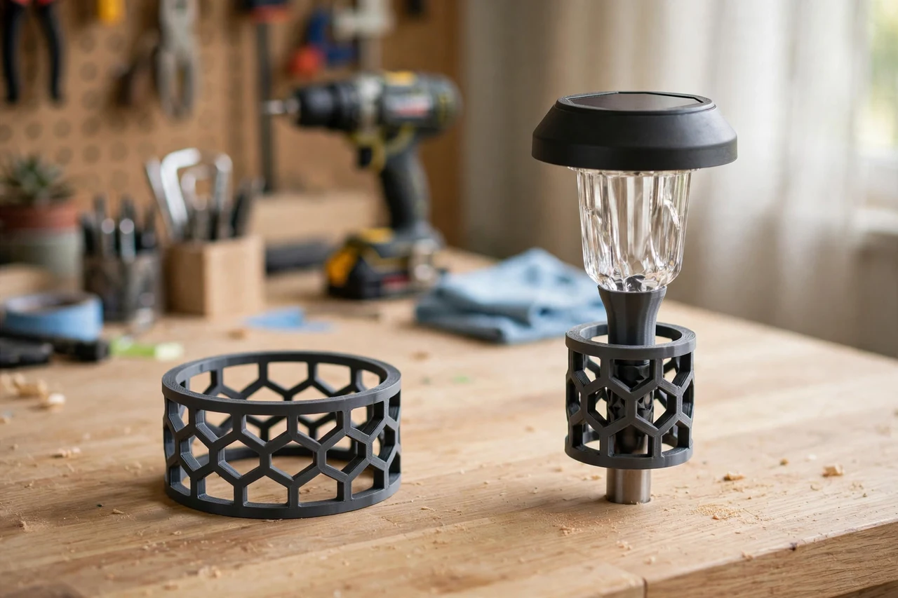 Home workshop scene on a light oak workbench, a matte charcoal-gray 3D printed wind brace ring beside a solar garden light steadied by a printed wind brace ring, soft natural window light, shallow depth of field