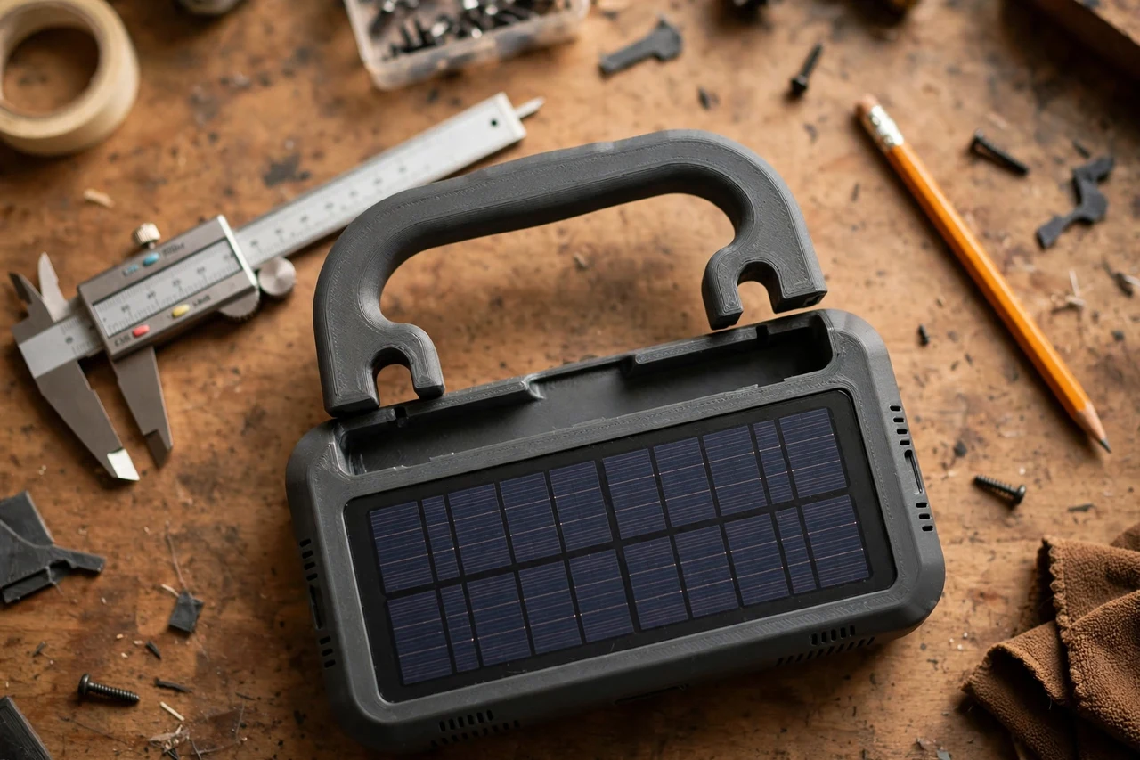 Close-up top-down view of a matte charcoal-gray 3D printed carry handle being test-fitted against its matching solar product on a workbench, calipers and a pencil nearby, warm workshop lighting