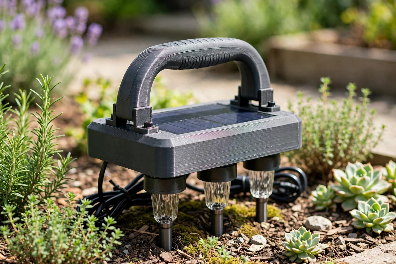 View of the finished 3D printed carry handle in use on a garden solar lighting project, tidy garden background in soft focus, bright natural light