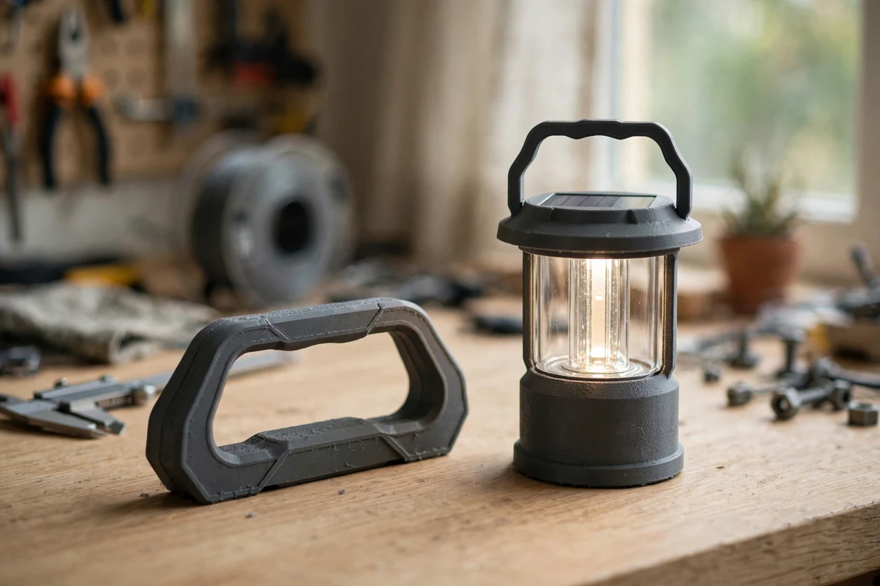 Home workshop scene on a light oak workbench, a matte charcoal-gray 3D printed carry handle beside a solar lantern fitted with a printed carry handle, soft natural window light, shallow depth of field