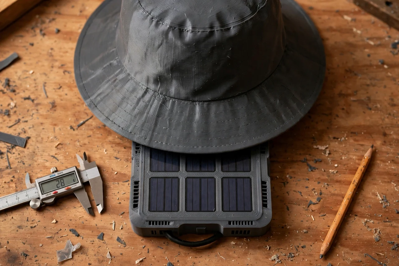 Close-up top-down view of a matte charcoal-gray 3D printed rain hat being test-fitted against its matching solar product on a workbench, calipers and a pencil nearby, warm workshop lighting