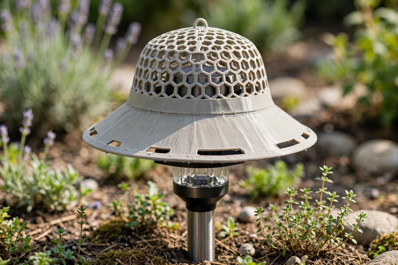 View of the finished 3D printed rain hat in use on a garden solar lighting project, tidy garden background in soft focus, bright natural light