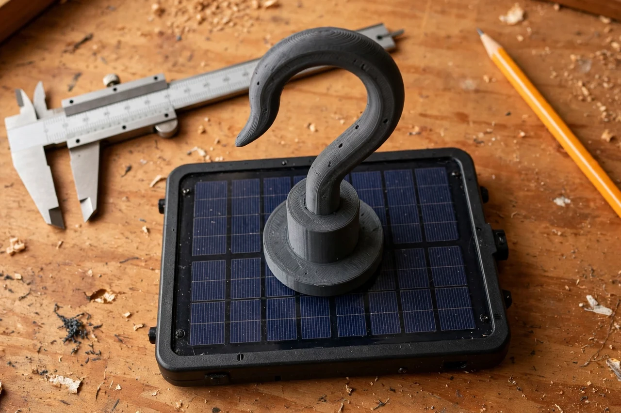 Close-up top-down view of a matte charcoal-gray 3D printed shepherd hook adapter being test-fitted against its matching solar product on a workbench, calipers and a pencil nearby, warm workshop lighting