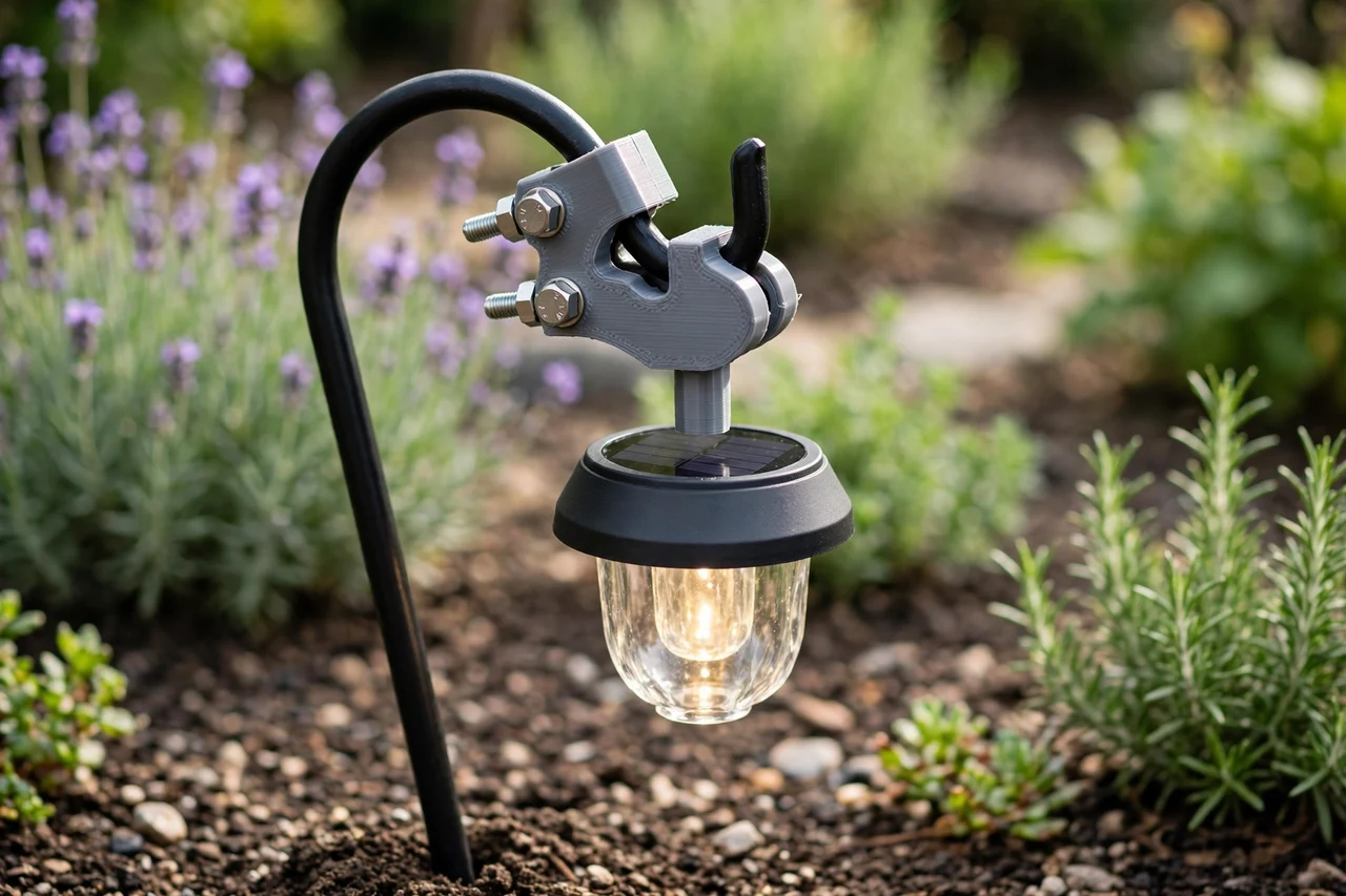 View of the finished 3D printed shepherd hook adapter in use on a garden solar lighting project, tidy garden background in soft focus, bright natural light