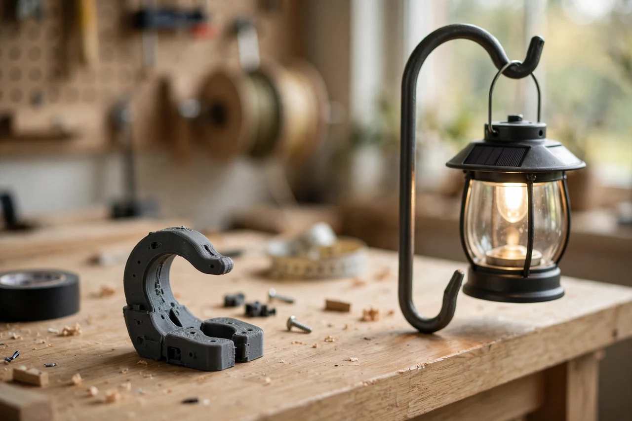 Home workshop scene on a light oak workbench, a matte charcoal-gray 3D printed shepherd hook adapter beside a solar lantern hanging from a shepherd hook adapter, soft natural window light, shallow depth of field