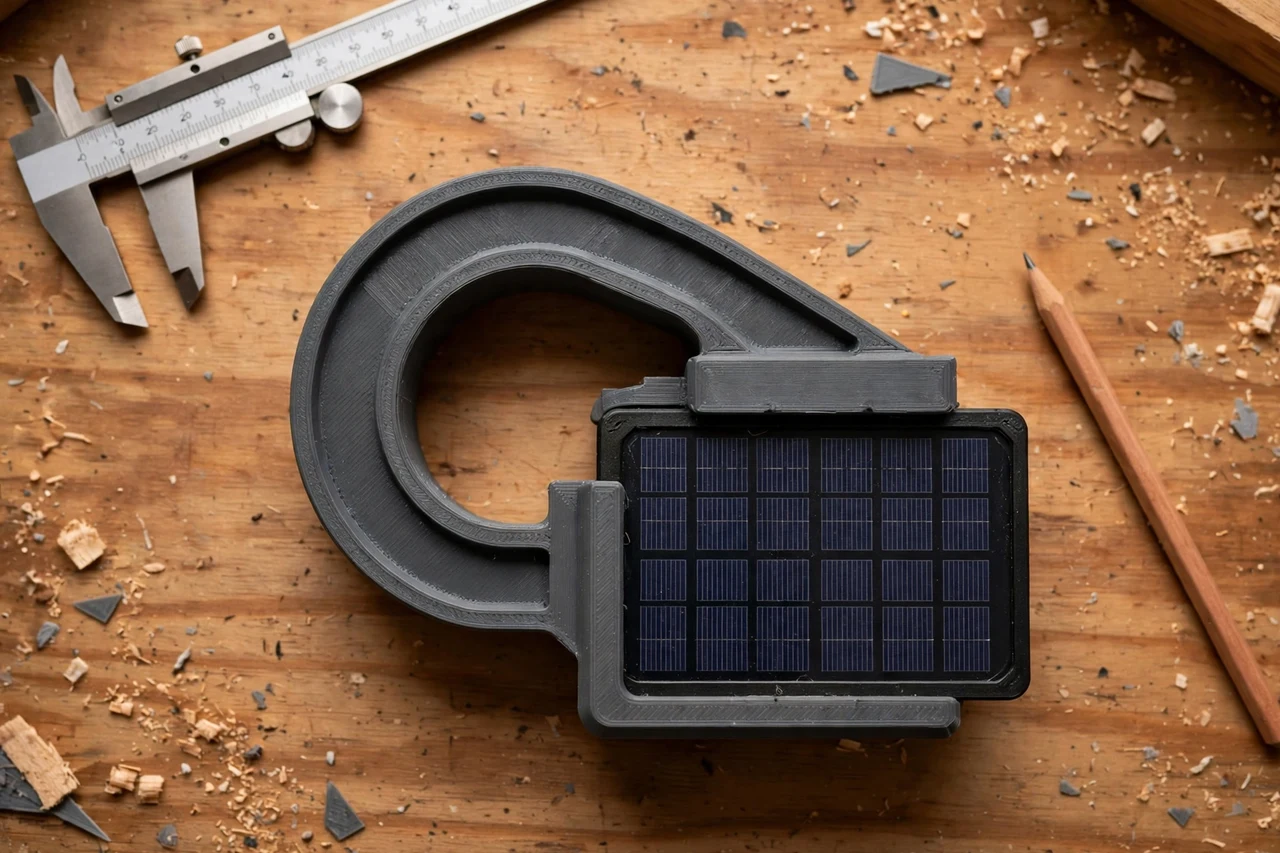 Close-up top-down view of a matte charcoal-gray 3D printed table edge clamp being test-fitted against its matching solar product on a workbench, calipers and a pencil nearby, warm workshop lighting