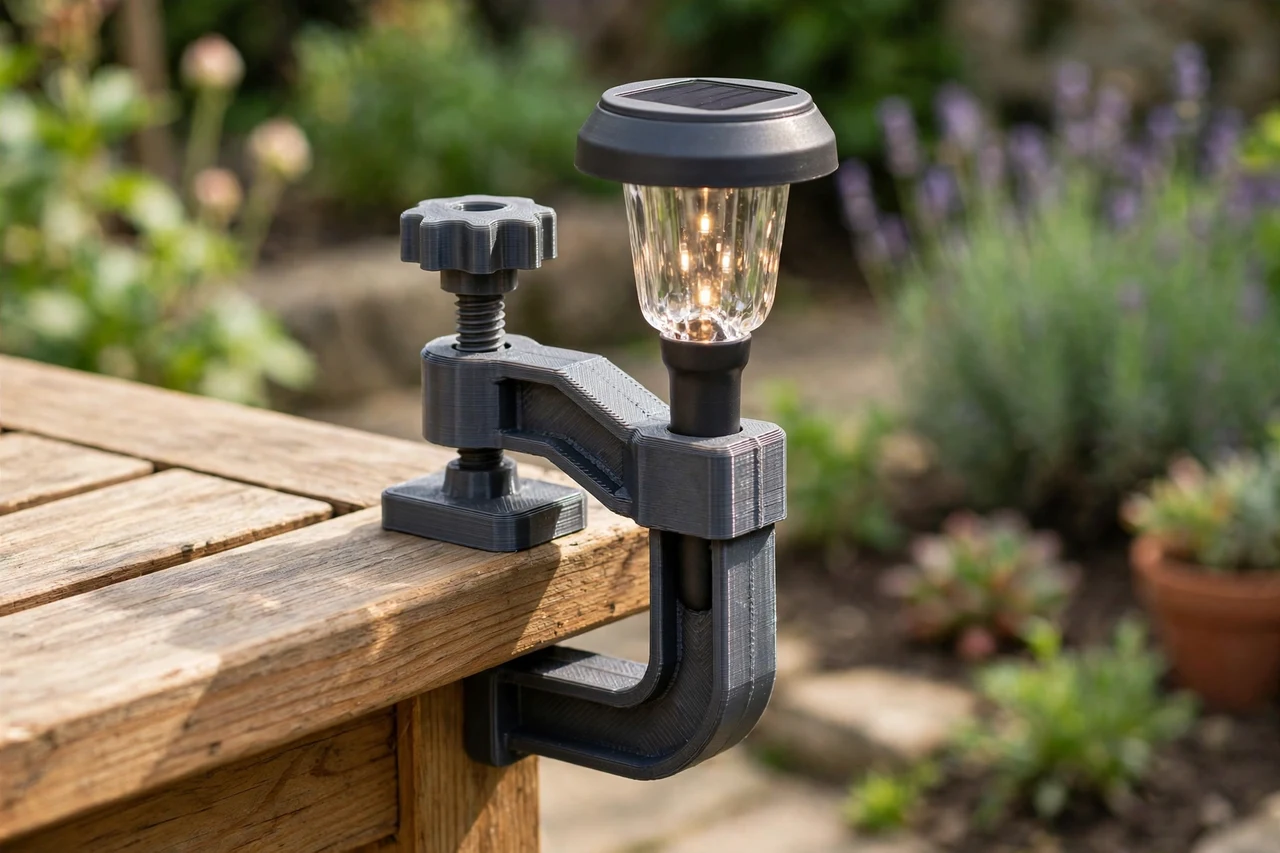 View of the finished 3D printed table edge clamp in use on a garden solar lighting project, tidy garden background in soft focus, bright natural light