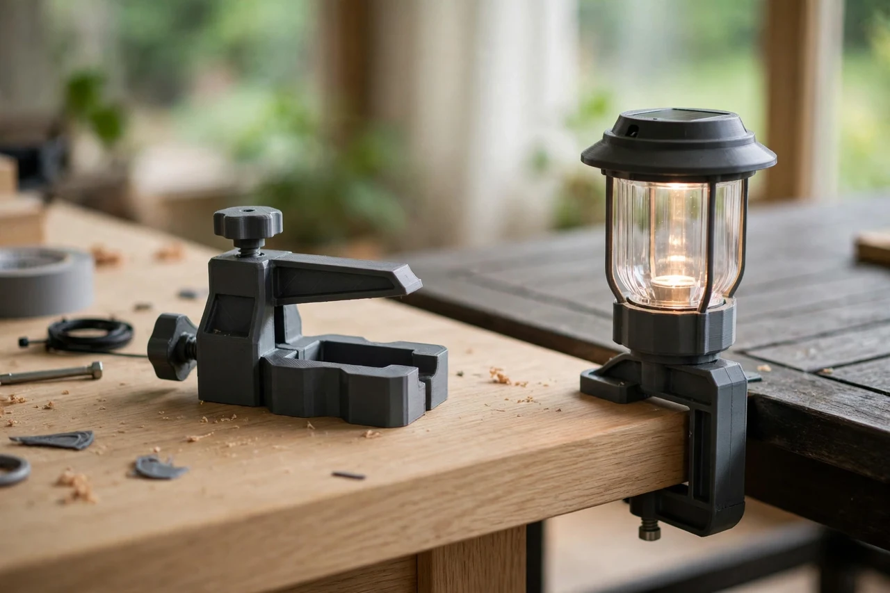 Home workshop scene on a light oak workbench, a matte charcoal-gray 3D printed table edge clamp beside a solar lantern clamped to a patio table edge in a printed holder, soft natural window light, shallow depth of field