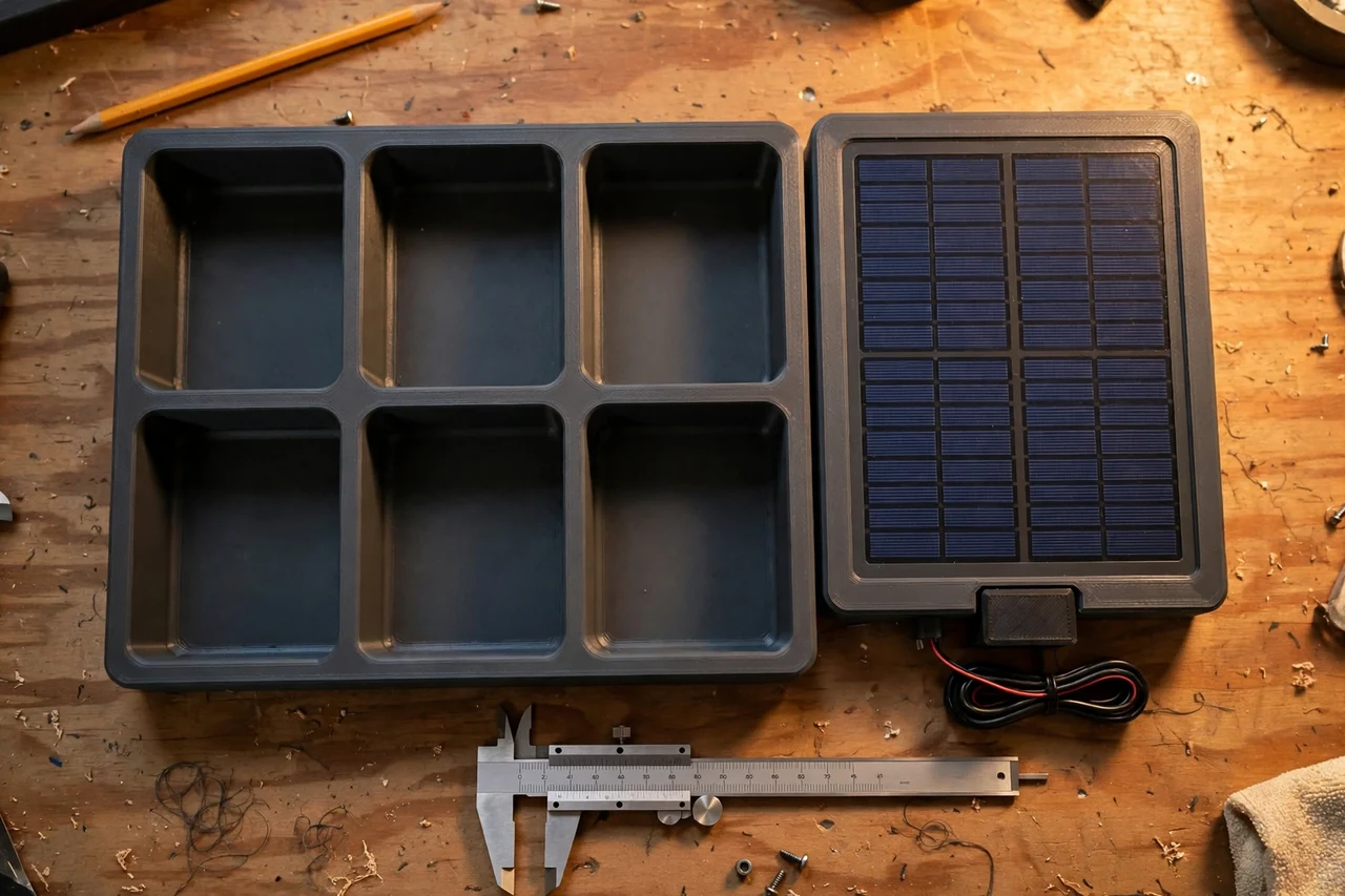 Close-up top-down view of a matte charcoal-gray 3D printed battery organizer tray being test-fitted against its matching solar product on a workbench, calipers and a pencil nearby, warm workshop lighting