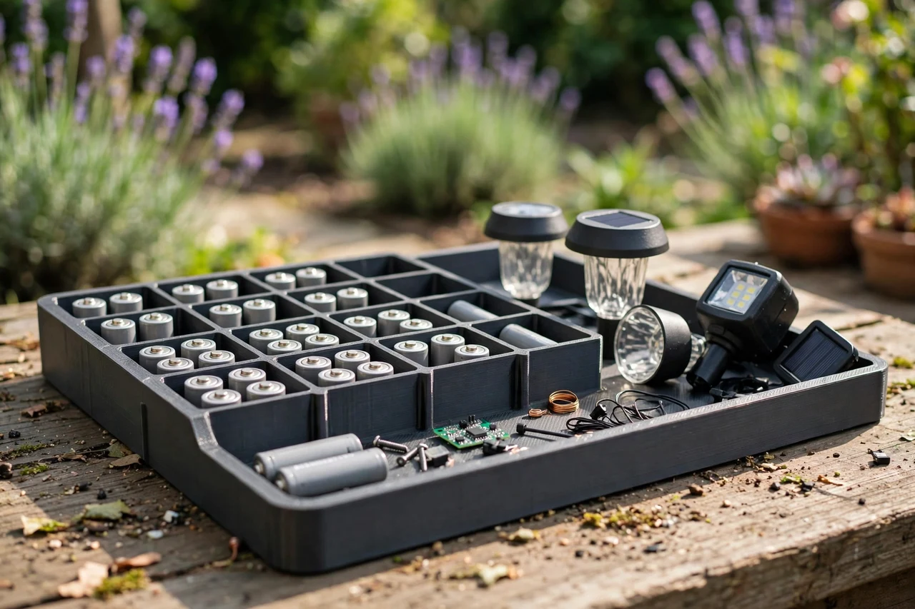 View of the finished 3D printed battery organizer tray in use on a garden solar lighting project, tidy garden background in soft focus, bright natural light