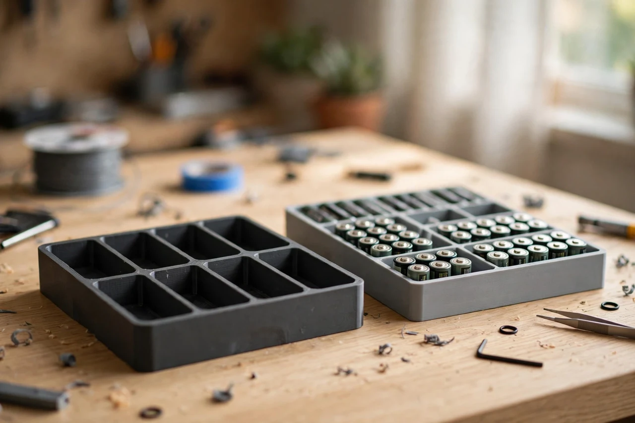 Home workshop scene on a light oak workbench, a matte charcoal-gray 3D printed battery organizer tray beside rechargeable cells sorted in a printed organizer tray, soft natural window light, shallow depth of field