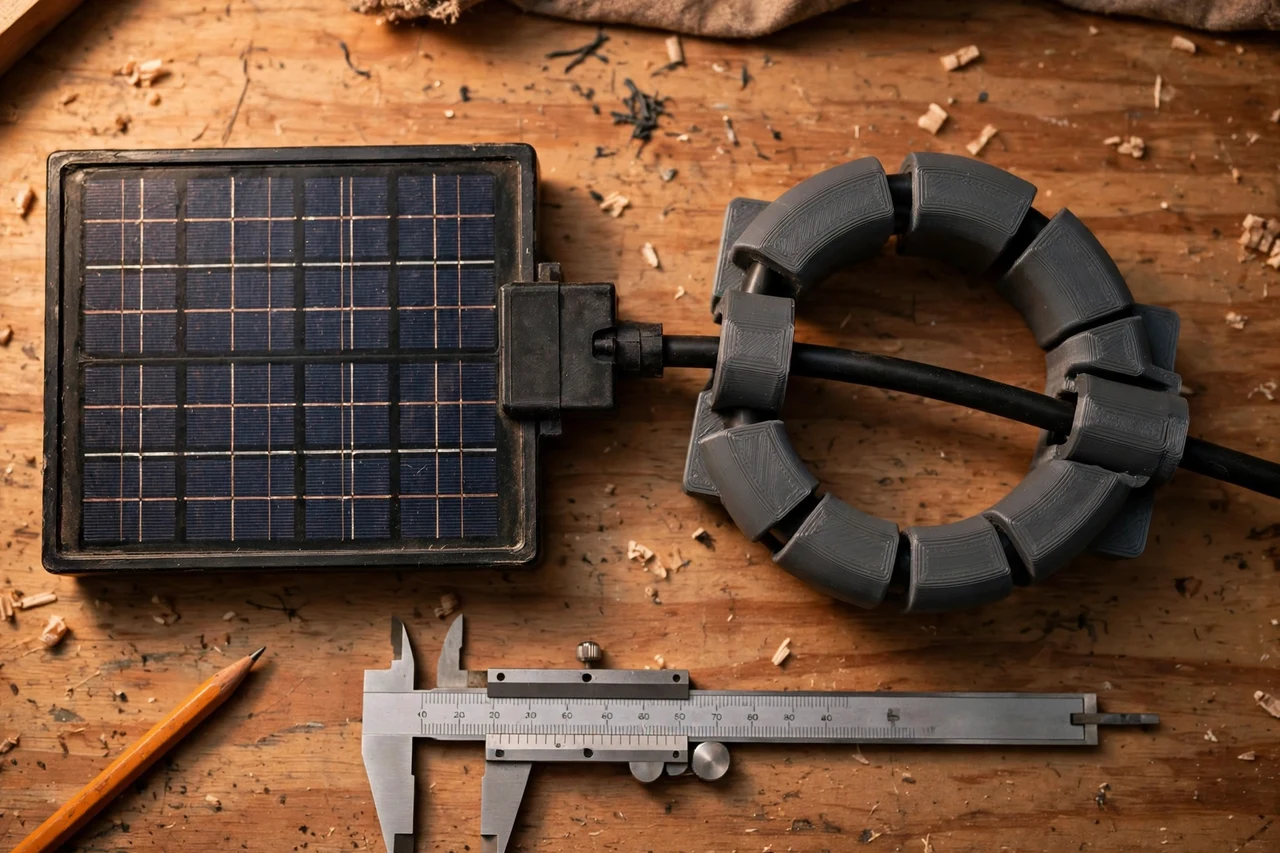 Close-up top-down view of a matte charcoal-gray 3D printed cable guard being test-fitted against its matching solar product on a workbench, calipers and a pencil nearby, warm workshop lighting