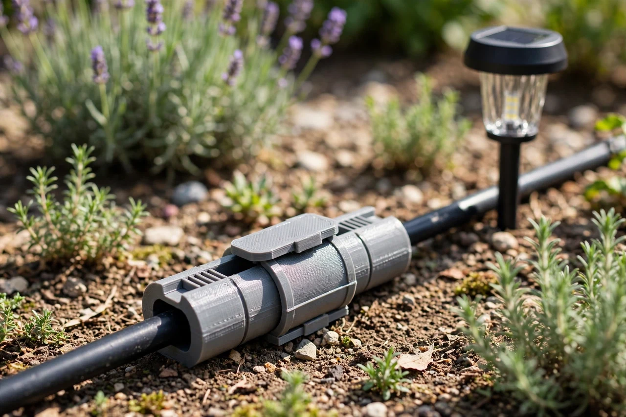 View of the finished 3D printed cable guard in use on a garden solar lighting project, tidy garden background in soft focus, bright natural light