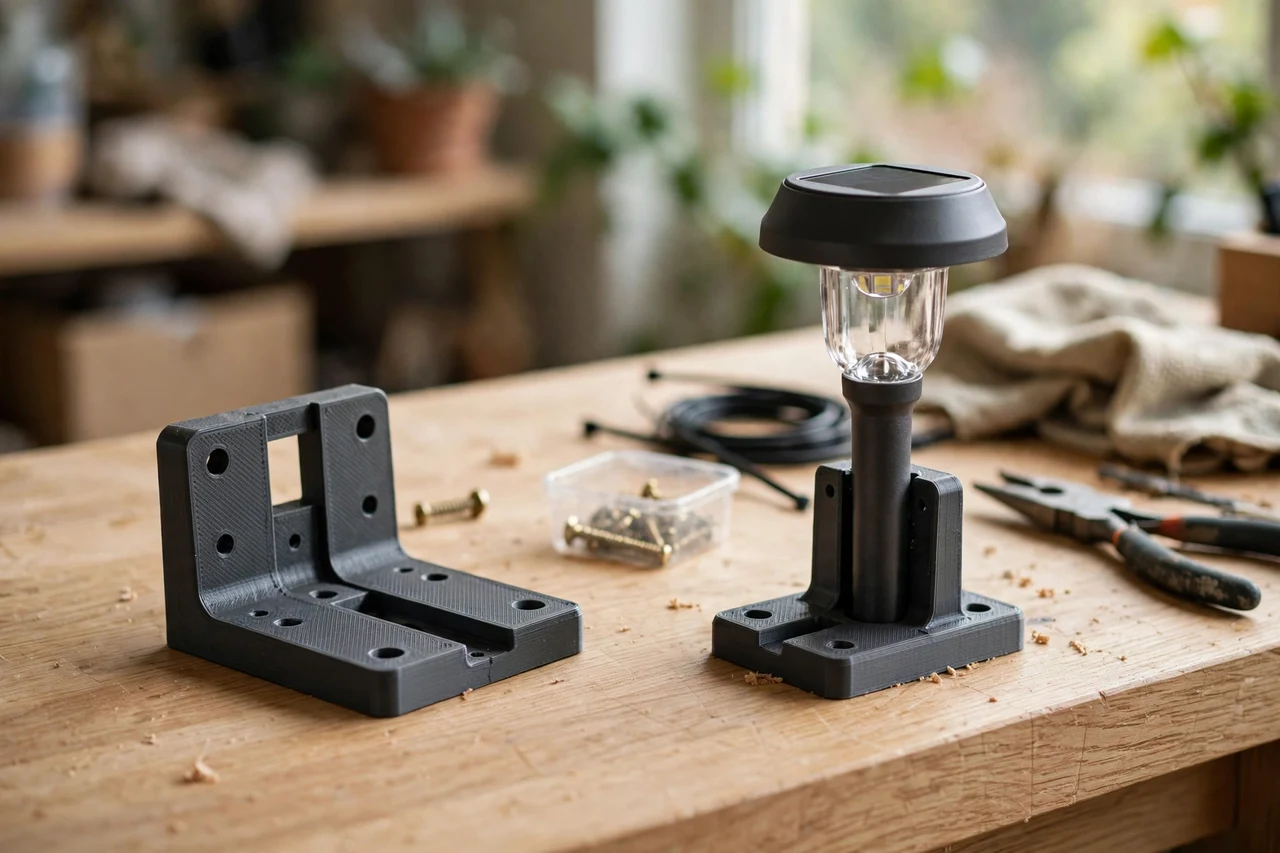 Home workshop scene on a light oak workbench, a matte charcoal-gray 3D printed raised bed bracket beside a solar garden light mounted on a raised bed bracket, soft natural window light, shallow depth of field