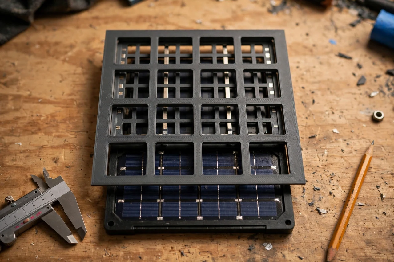 Close-up top-down view of a matte charcoal-gray 3D printed shade test template being test-fitted against its matching solar product on a workbench, calipers and a pencil nearby, warm workshop lighting