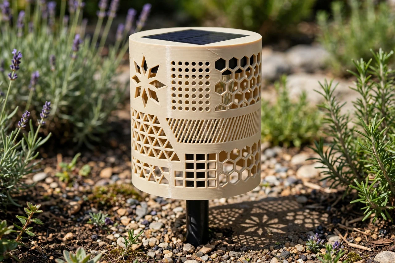 View of the finished 3D printed shade test template in use on a garden solar lighting project, tidy garden background in soft focus, bright natural light