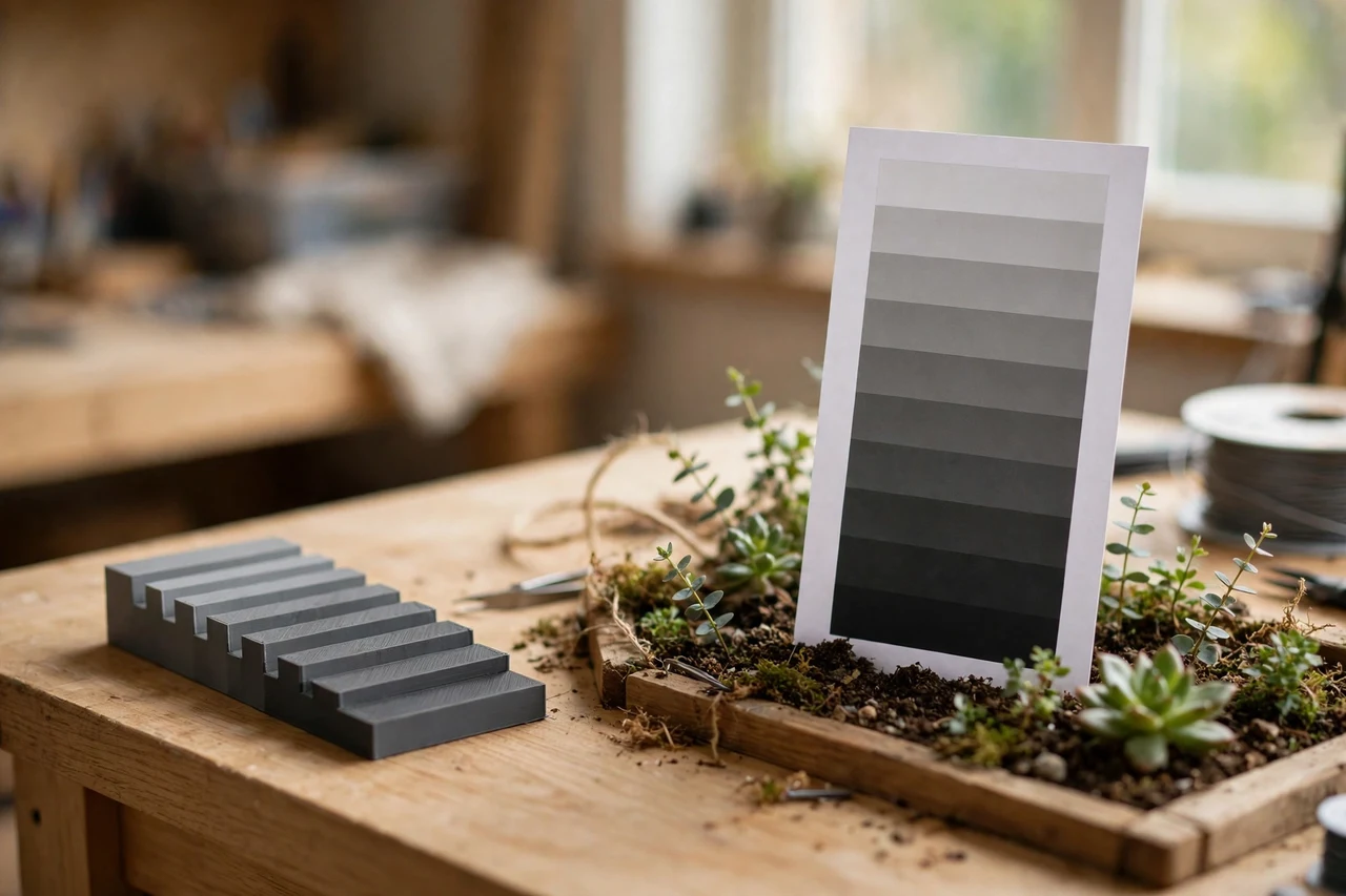 Home workshop scene on a light oak workbench, a matte charcoal-gray 3D printed shade test template beside a printed shade test template standing in a garden bed, soft natural window light, shallow depth of field