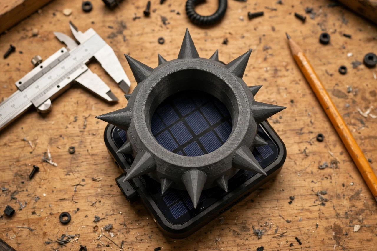 Close-up top-down view of a matte charcoal-gray 3D printed spike protector cap being test-fitted against its matching solar product on a workbench, calipers and a pencil nearby, warm workshop lighting