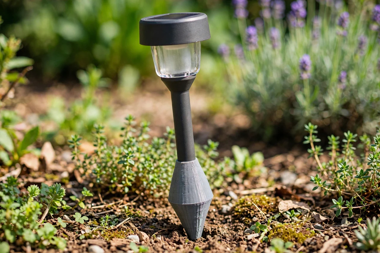 View of the finished 3D printed spike protector cap in use on a garden solar lighting project, tidy garden background in soft focus, bright natural light